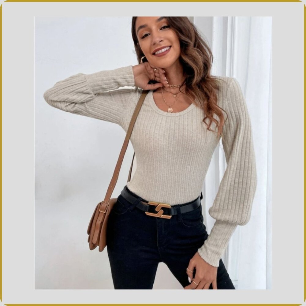 💜 Soft Ribbed Balloon-Sleeve Knit Top – Size M